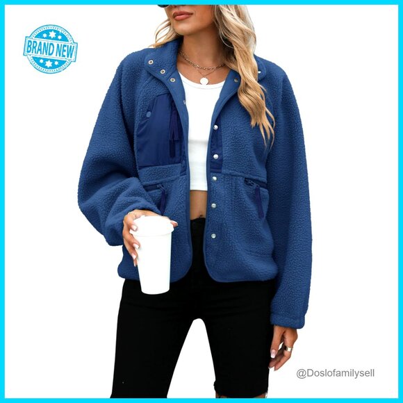 Jackets & Blazers - Fuzzy Sherpa Fleece Jacket Oversized Cropped Button Down Winter Outerwear